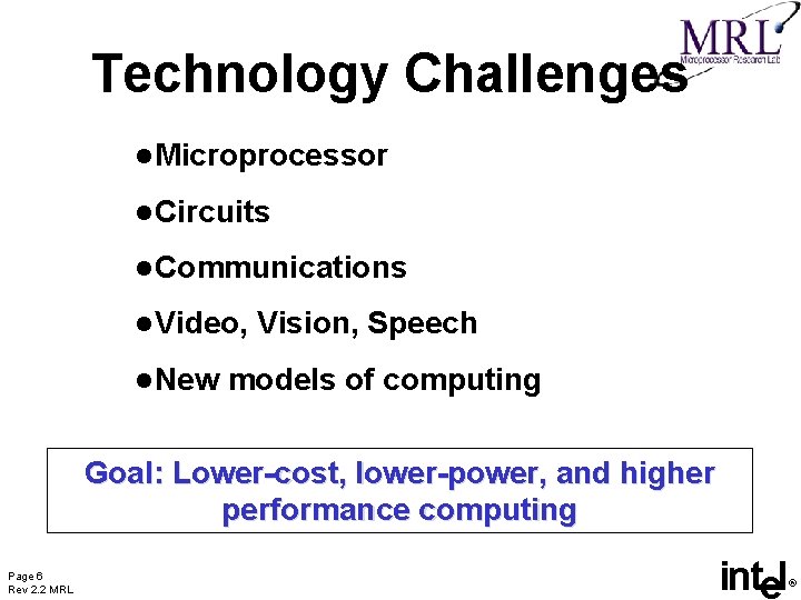 Technology Challenges l Microprocessor l Circuits l Communications l Video, l New Vision, Speech