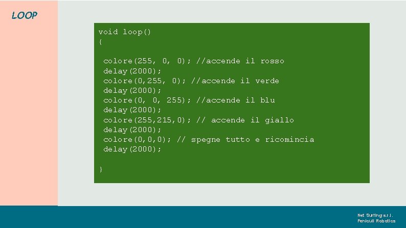 LOOP void loop() { colore(255, 0, 0); //accende il rosso delay(2000); colore(0, 255, 0);