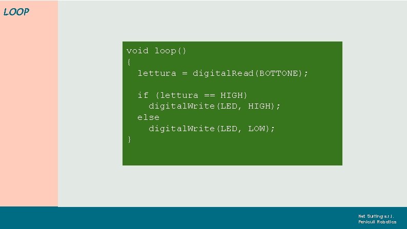 LOOP void loop() { lettura = digital. Read(BOTTONE); if (lettura == HIGH) digital. Write(LED,