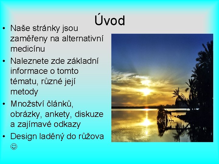 Úvod • Naše stránky jsou zaměřeny na alternativní medicínu • Naleznete zde základní informace