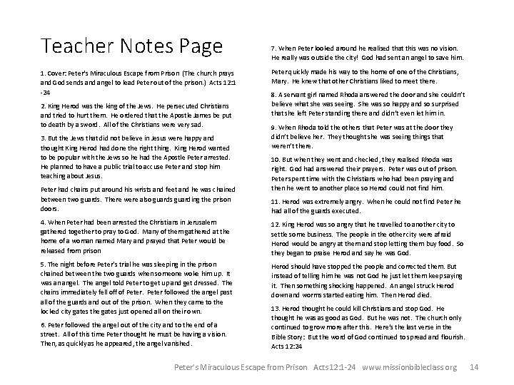 Teacher Notes Page 1. Cover: Peter‘s Miraculous Escape from Prison (The church prays and
