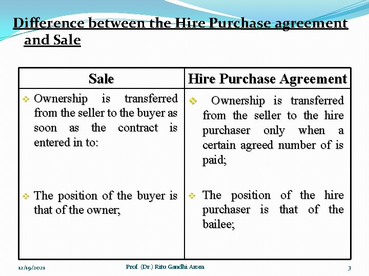 Difference between the Hire Purchase agreement and Sale Hire Purchase Agreement v Ownership is