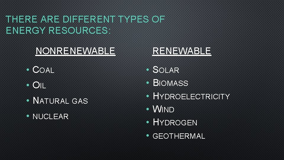THERE ARE DIFFERENT TYPES OF ENERGY RESOURCES: NONRENEWABLE • COAL • OIL • NATURAL
