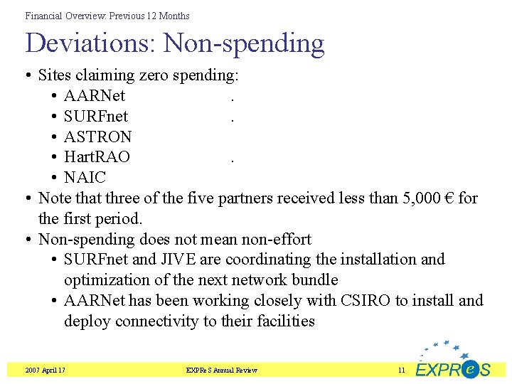 Financial Overview: Previous 12 Months Deviations: Non-spending • Sites claiming zero spending: • AARNet.