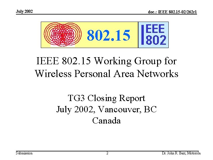 July 2002 doc. : IEEE 802. 15 -02/262 r 1 802. 15 IEEE 802.