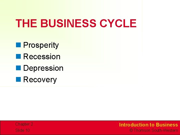 THE BUSINESS CYCLE n Prosperity n Recession n Depression n Recovery Chapter 2 Slide