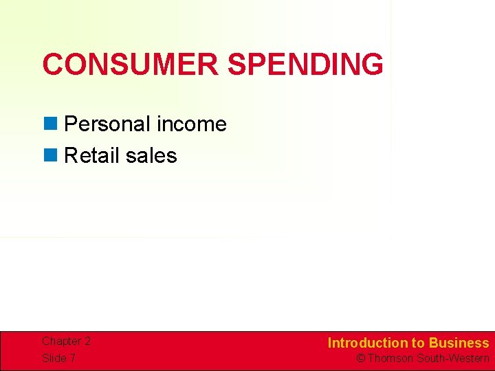 CONSUMER SPENDING n Personal income n Retail sales Chapter 2 Slide 7 Introduction to