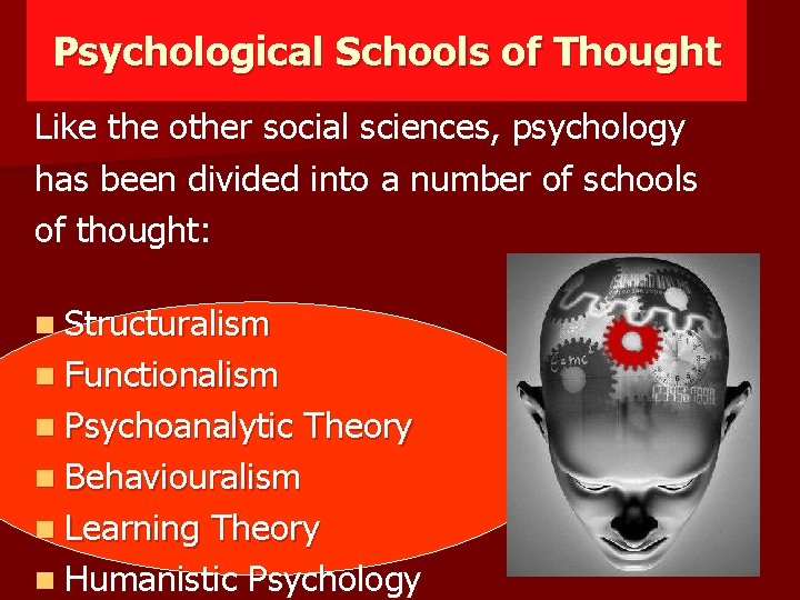 Psychological Schools of Thought Like the other social sciences, psychology has been divided into