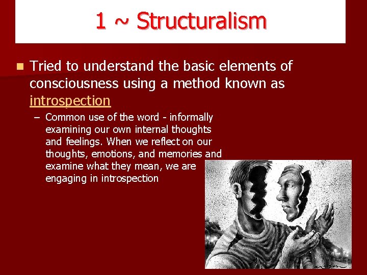 1 ~ Structuralism n Tried to understand the basic elements of consciousness using a