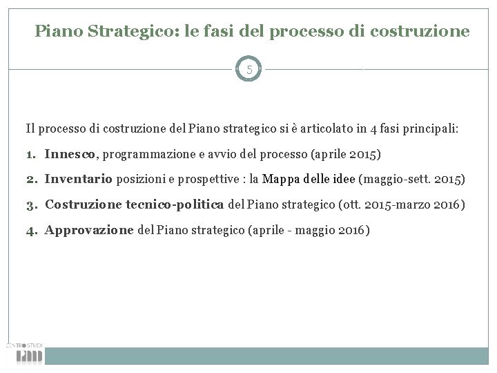 Piano Strategico: le fasi del processo di costruzione 5 Il processo di costruzione del
