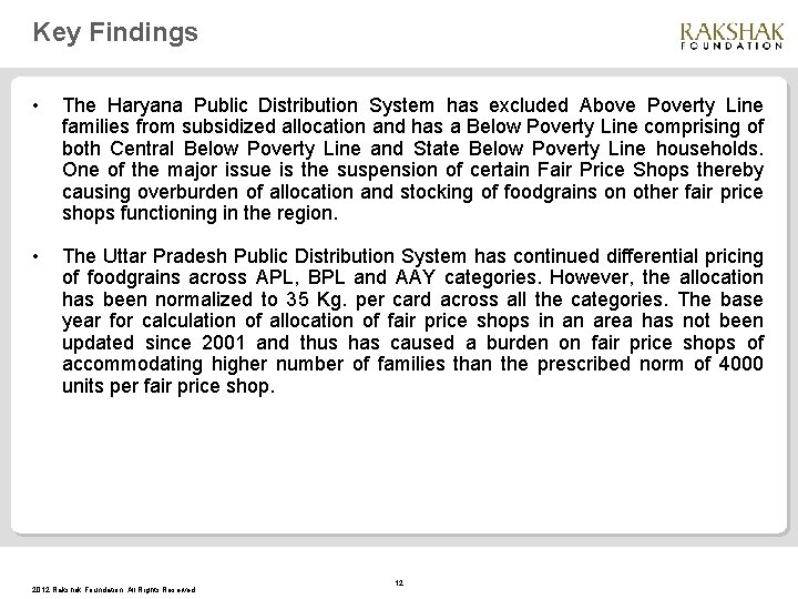 Key Findings • The Haryana Public Distribution System has excluded Above Poverty Line families