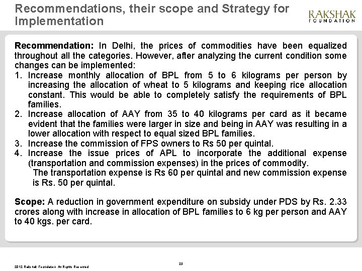 Recommendations, their scope and Strategy for Implementation Recommendation: In Delhi, the prices of commodities