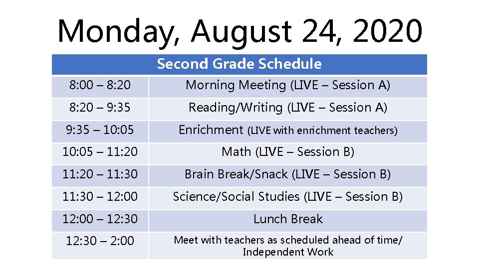 Monday, August 24, 2020 Second Grade Schedule 8: 00 – 8: 20 Morning Meeting