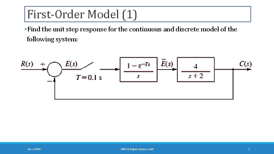 First-Order Model (1) • Find the unit step response for the continuous and discrete