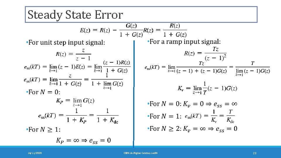 Steady State Error 16/11/2020 CSE 416: Digital Control, Lec 04 23 