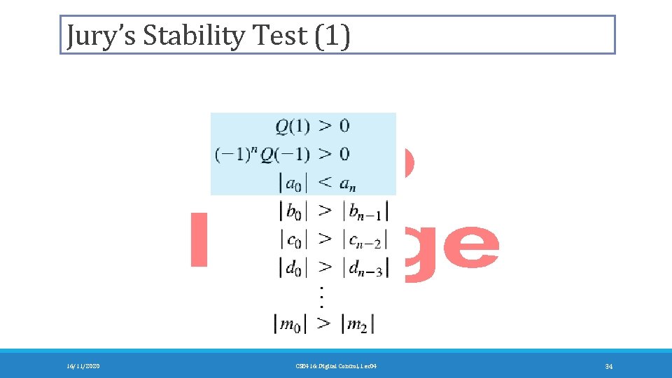 Jury’s Stability Test (1) 16/11/2020 CSE 416: Digital Control, Lec 04 34 