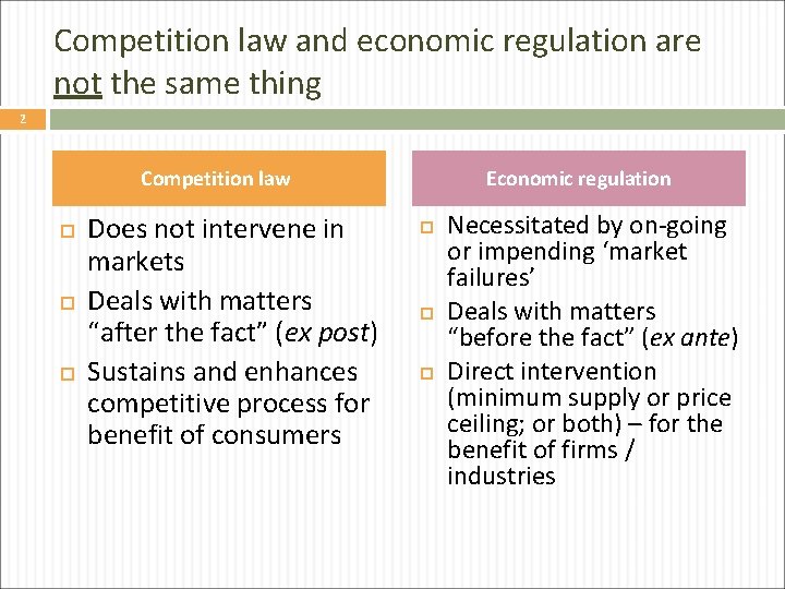 Competition law and economic regulation are not the same thing 2 Competition law Does