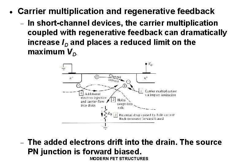 · Carrier multiplication and regenerative feedback - In short-channel devices, the carrier multiplication coupled