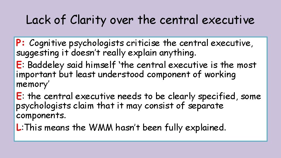 Lack of Clarity over the central executive P: Cognitive psychologists criticise the central executive,