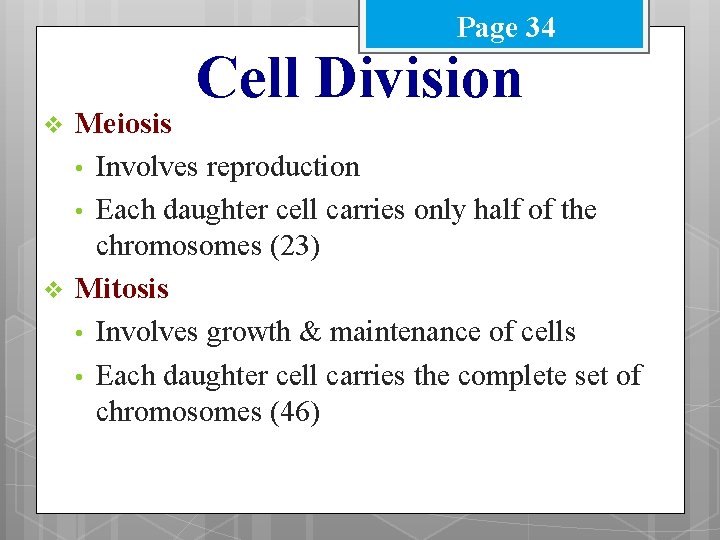 Page 34 Cell Division v v Meiosis • Involves reproduction • Each daughter cell