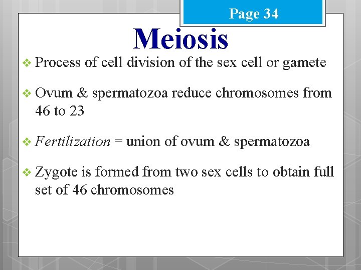 Page 34 v Process Meiosis of cell division of the sex cell or gamete