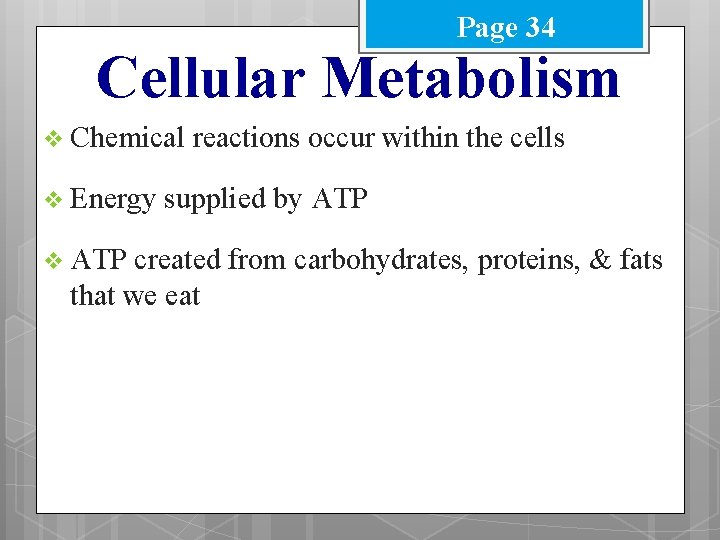 Page 34 Cellular Metabolism v Chemical v Energy v ATP reactions occur within the