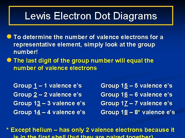 Lewis Electron Dot Diagrams l To determine the number of valence electrons for a