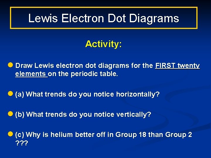 Lewis Electron Dot Diagrams Activity: l Draw Lewis electron dot diagrams for the FIRST