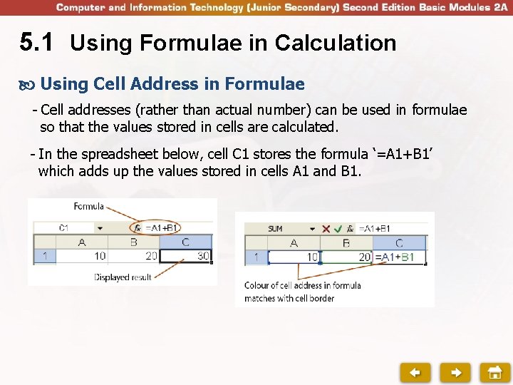 5. 1 Using Formulae in Calculation Using Cell Address in Formulae - Cell addresses