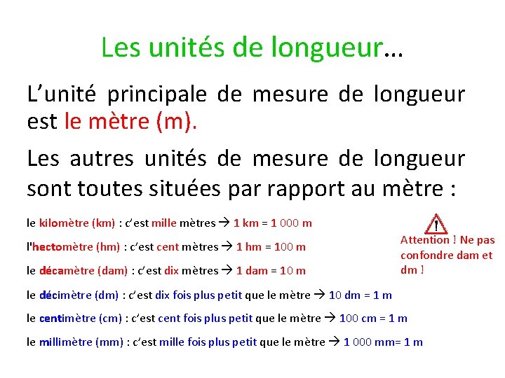 Les unités de longueur… L’unité principale de mesure de longueur est le mètre (m).