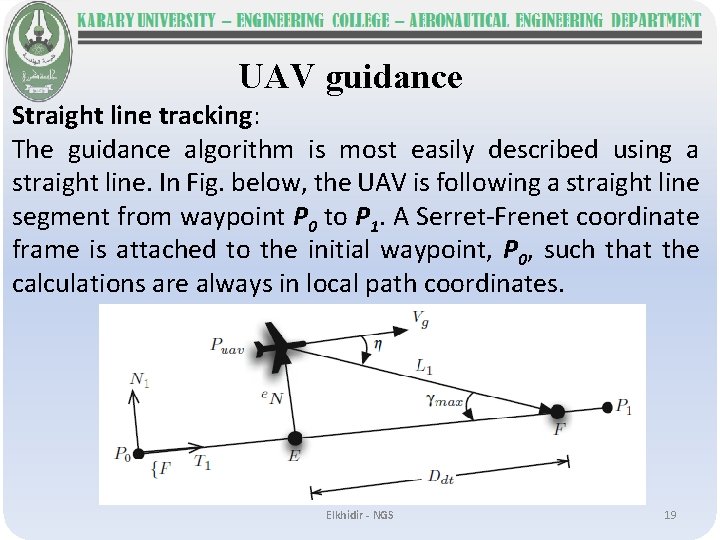 UAV guidance Straight line tracking: The guidance algorithm is most easily described using a