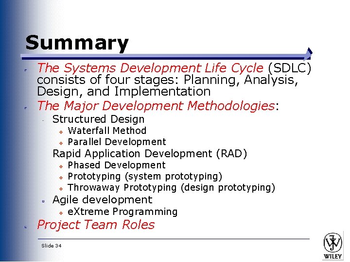 Summary The Systems Development Life Cycle (SDLC) consists of four stages: Planning, Analysis, Design,