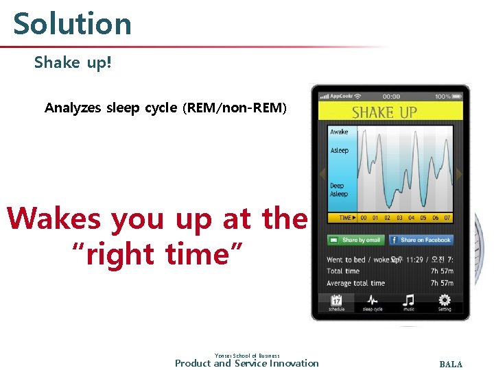 Solution Shake up! Analyzes sleep cycle (REM/non-REM) Wakes you up at the “right time”