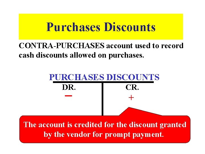 Purchases Discounts CONTRA-PURCHASES account used to record cash discounts allowed on purchases. PURCHASES DISCOUNTS