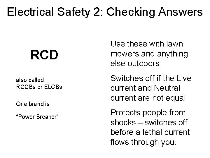 Electrical Safety 2: Checking Answers RCD also called RCCBs or ELCBs One brand is