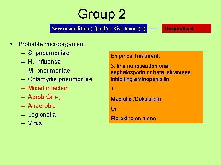 Group 2 Severe condition (+)and/or Risk factor (+) • Probable microorganism – S. pneumoniae