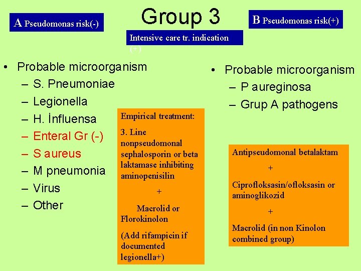 A Pseudomonas risk(-) Group 3 B Pseudomonas risk(+) Intensive care tr. indication (+) •