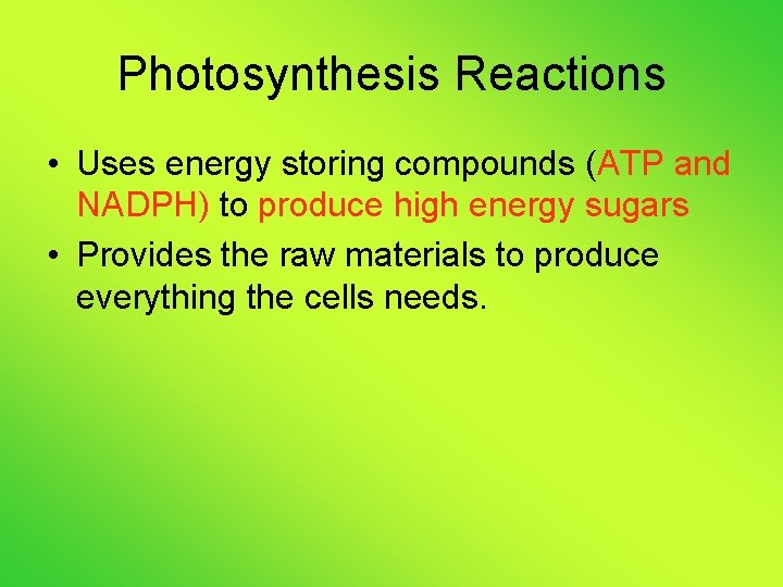 Photosynthesis Reactions • Uses energy storing compounds (ATP and NADPH) to produce high energy