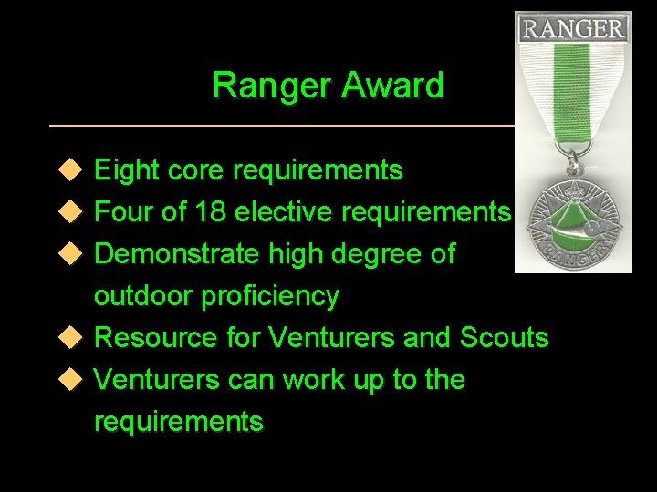 Ranger Award u Eight core requirements u Four of 18 elective requirements u Demonstrate