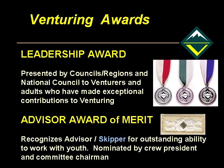 Venturing Awards LEADERSHIP AWARD Presented by Councils/Regions and National Council to Venturers and adults