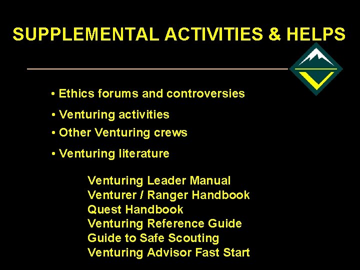 SUPPLEMENTAL ACTIVITIES & HELPS • Ethics forums and controversies • Venturing activities • Other