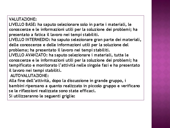 VALUTAZIONE: LIVELLO BASE: ha saputo selezionare solo in parte i materiali, le conoscenze e