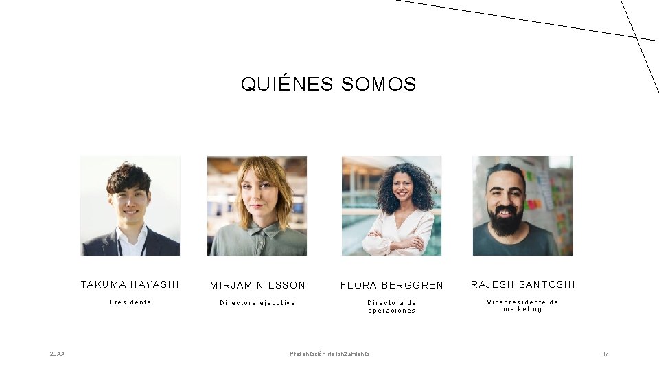 QUIÉNES SOMOS 20 XX TAKUMA HAYASHI MIRJAM NILSSON FLORA BERGGREN RAJESH SANTOSHI Presidente Directora