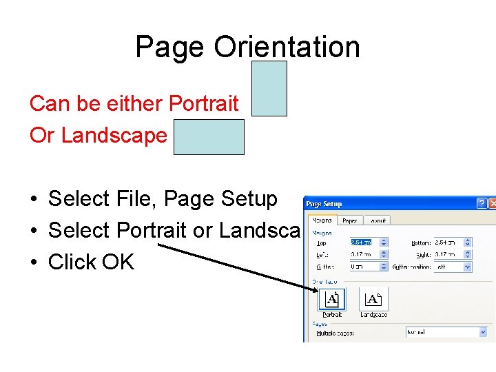 Page Orientation Can be either Portrait Or Landscape • Select File, Page Setup •