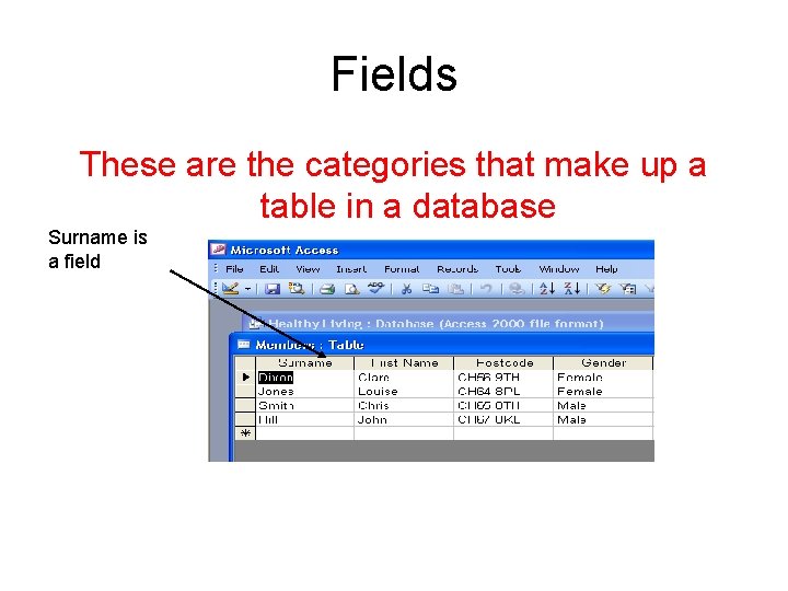 Fields These are the categories that make up a table in a database Surname