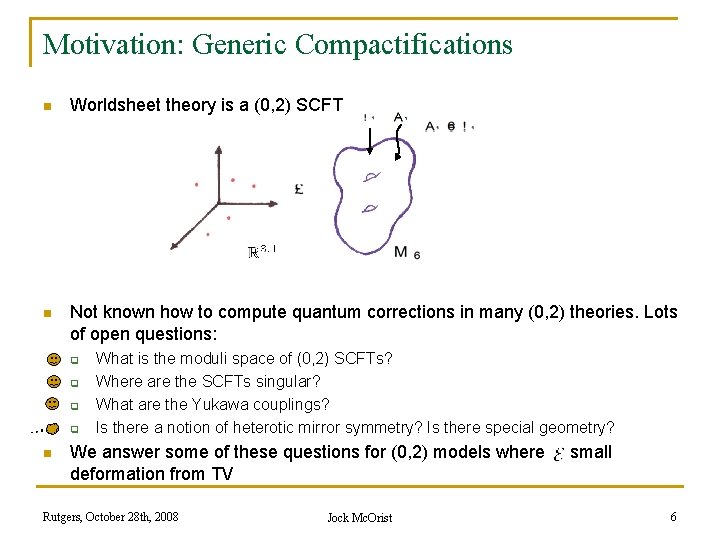 Motivation: Generic Compactifications n Worldsheet theory is a (0, 2) SCFT n Not known
