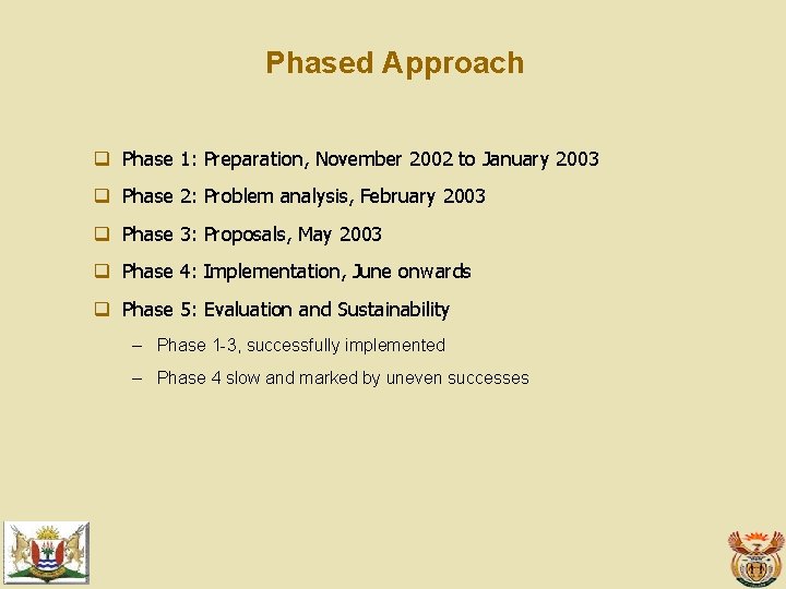 Phased Approach q Phase 1: Preparation, November 2002 to January 2003 q Phase 2: