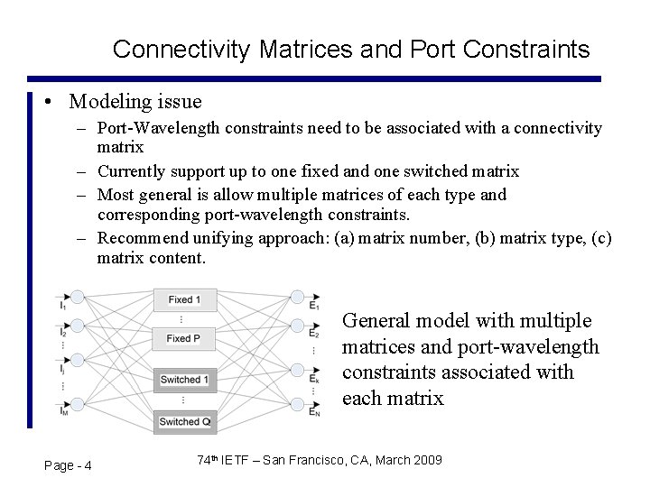 Connectivity Matrices and Port Constraints • Modeling issue – Port-Wavelength constraints need to be