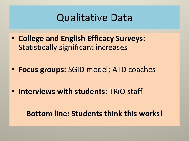 Qualitative Data • College and English Efficacy Surveys: Statistically significant increases • Focus groups: Qualitative Data • College and English Efficacy Surveys: Statistically significant increases • Focus groups: