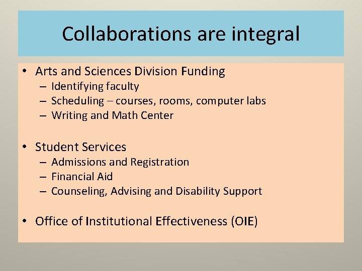 Collaborations are integral • Arts and Sciences Division Funding – Identifying faculty – Scheduling Collaborations are integral • Arts and Sciences Division Funding – Identifying faculty – Scheduling